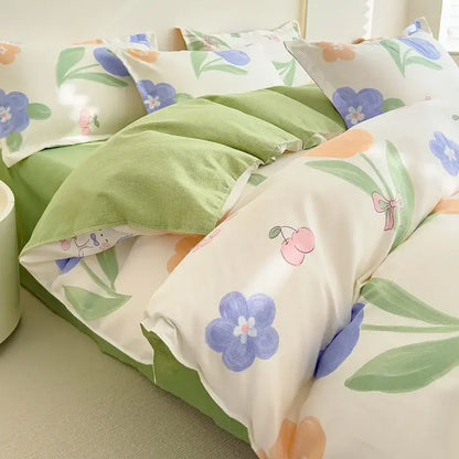 Pastel floral duvet cover bedding set with soft green cream base blue flowers pink cherries for decorbites cozy flower print