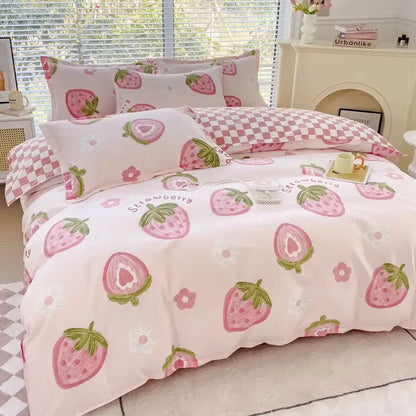 Pink strawberry-themed bedding set with cozy flower print featuring pastel strawberries and flowers for bedroom decorbites cozy flower