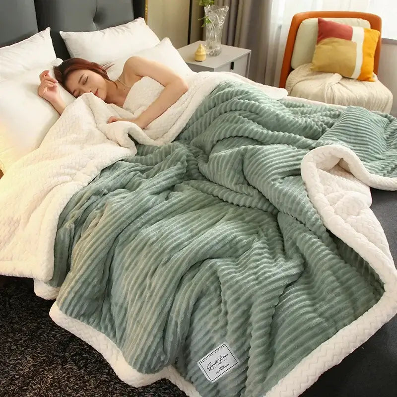 Cozy gray and cream winter fleece blanket with soft mint green ribbed exterior and plush white interior lining