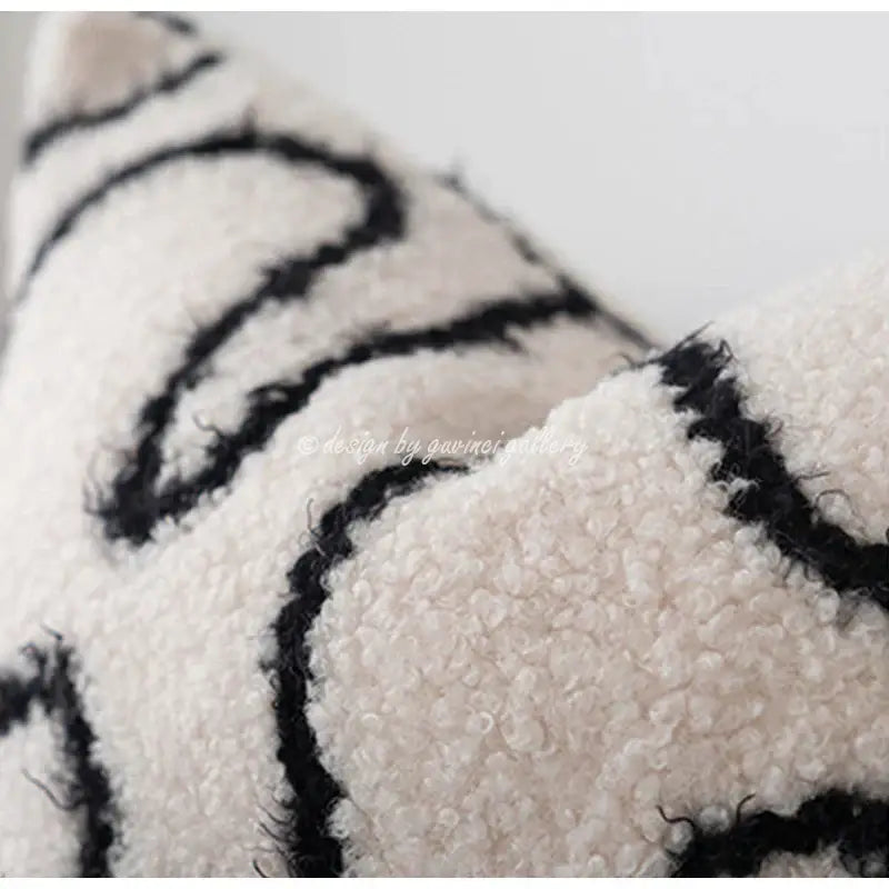Cream-colored plush pillow cover with bold black wavy stripes cozy green handmade decorbites decor for living room