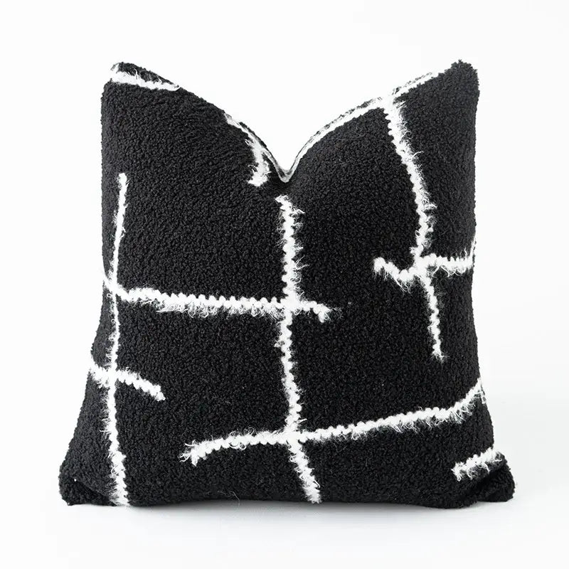 Black plush throw pillow cover with textured fuzzy surface and bold white geometric grid for cozy green handmade decorbites decor