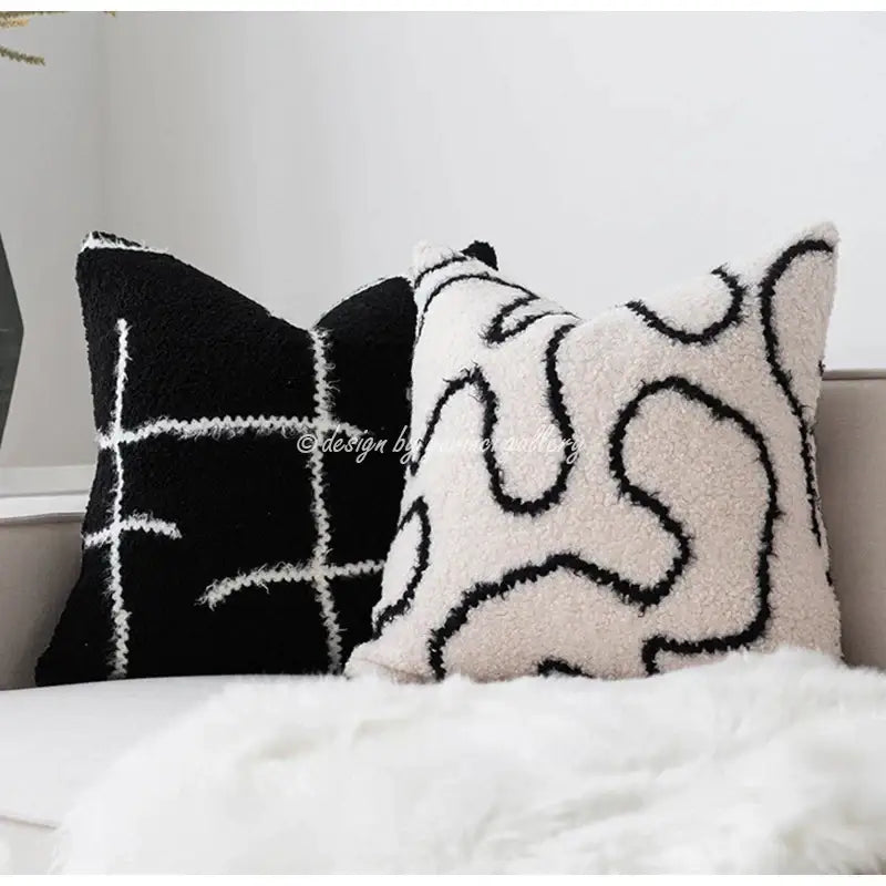Cream-colored plush throw pillow cover with black abstract lines for decorbites cozy green handmade living room decor