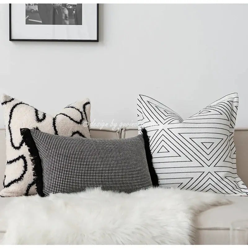 Black and white geometric patterned throw pillow cover with woven fabric texture for decorbites cozy green handmade decor