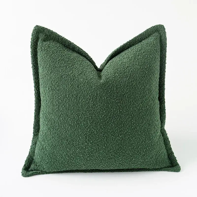 Cozy green handmade pillow cover with deep green plush textured fabric and neatly stitched edges for decorbites decor