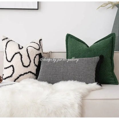 Three decorative throw pillow covers featuring cozy green handmade textured plush decorbites cozy green design patterns
