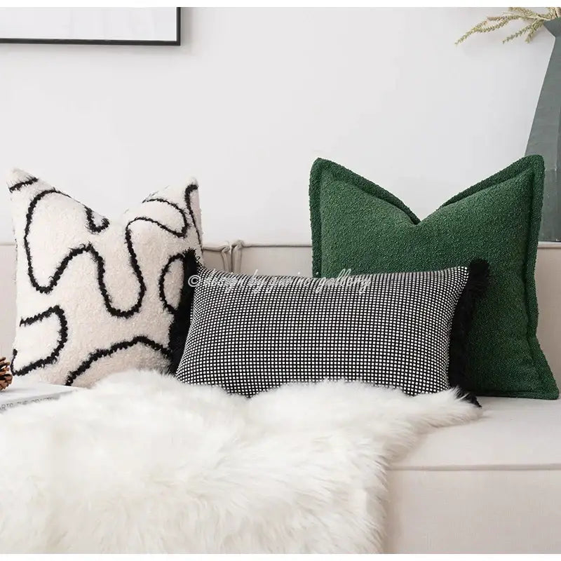 Three decorative throw pillow covers featuring cozy green handmade textured plush decorbites cozy green design patterns