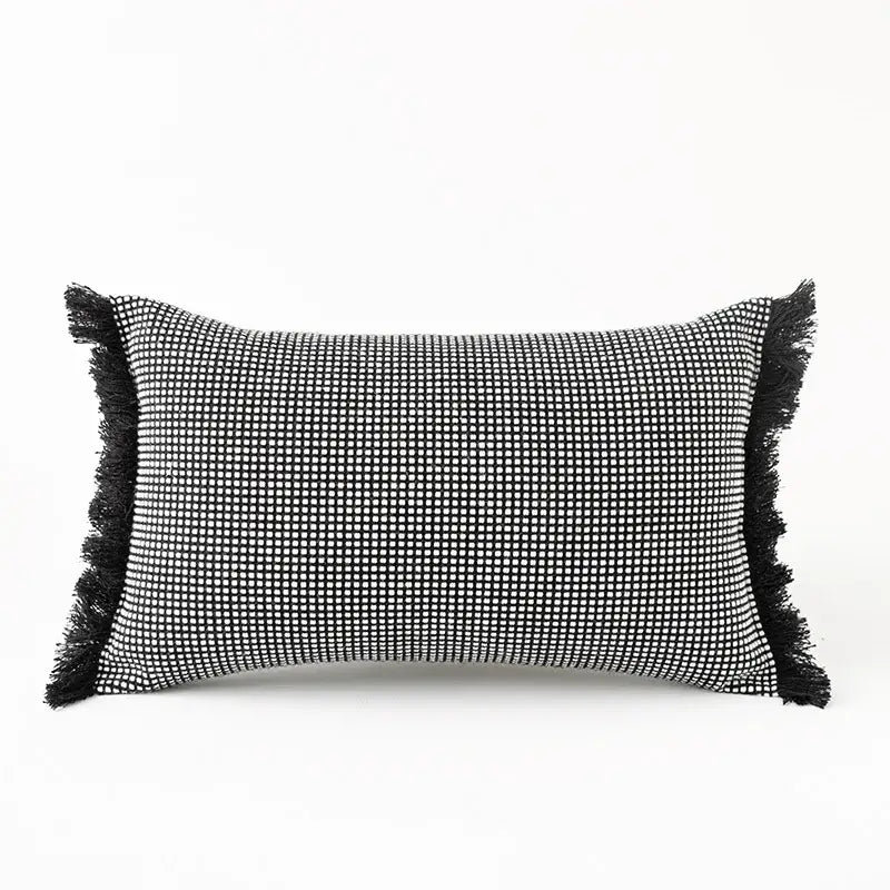 Black and white woven rectangular pillow cover with frayed edges for decorbites cozy green handmade plush decor