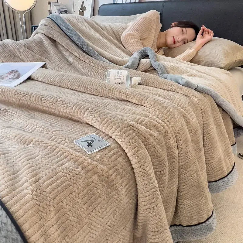 Beige decorbites cozy jacquard plush throw blanket with gray ribbed trim and branded patch for bedroom decor