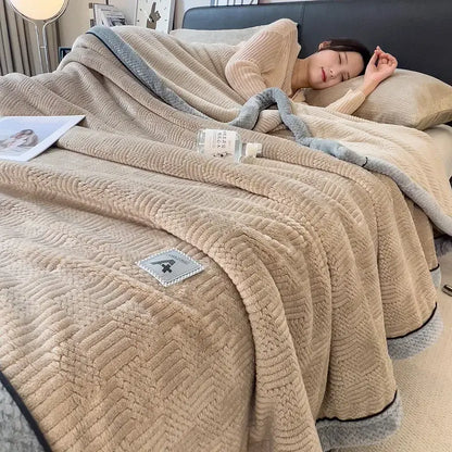 Beige decorbites cozy jacquard plush throw blanket with gray ribbed trim and branded patch for bedroom decor