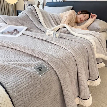 Beige decorbites cozy jacquard plush throw blanket with textured quilted pattern and white fleece lining for bedroom decor