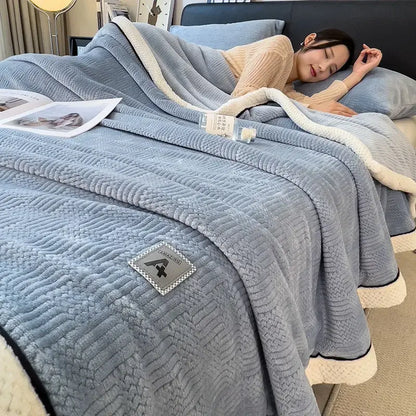 Soft blue cozy jacquard plush blanket with cream fleece border and subtle texture for decorbites cozy jacquard throw