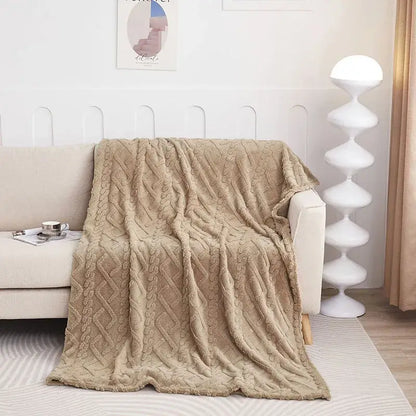 Beige plush blanket with textured cable knit pattern for living room decor by decorbites cozy jacquard plush collection