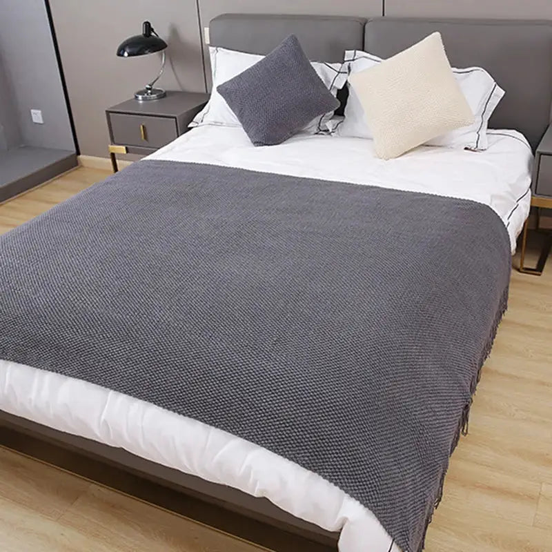 Gray textured decorbites cozy knitted sofa blanket with fringed edges for living room textured throw decor