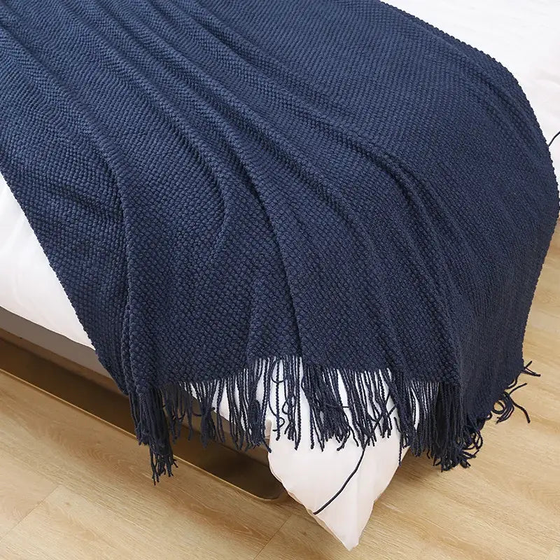 Navy blue cozy knitted sofa blanket with textured weave and fringed edges for living room decorbites cozy knitted throw
