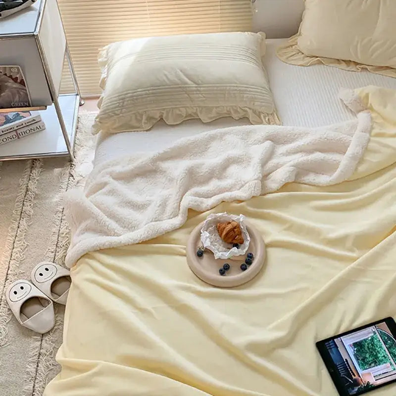 Cream-colored cozy lamb wool blanket with plush fleece texture and subtle ruffled edges for bedroom decorbites cozy lamb