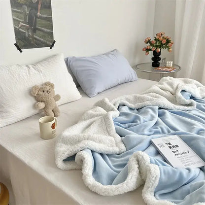 Soft light blue and white sherpa fleece cozy lamb wool blanket with plush texture for bedroom decorbites cozy lamb use