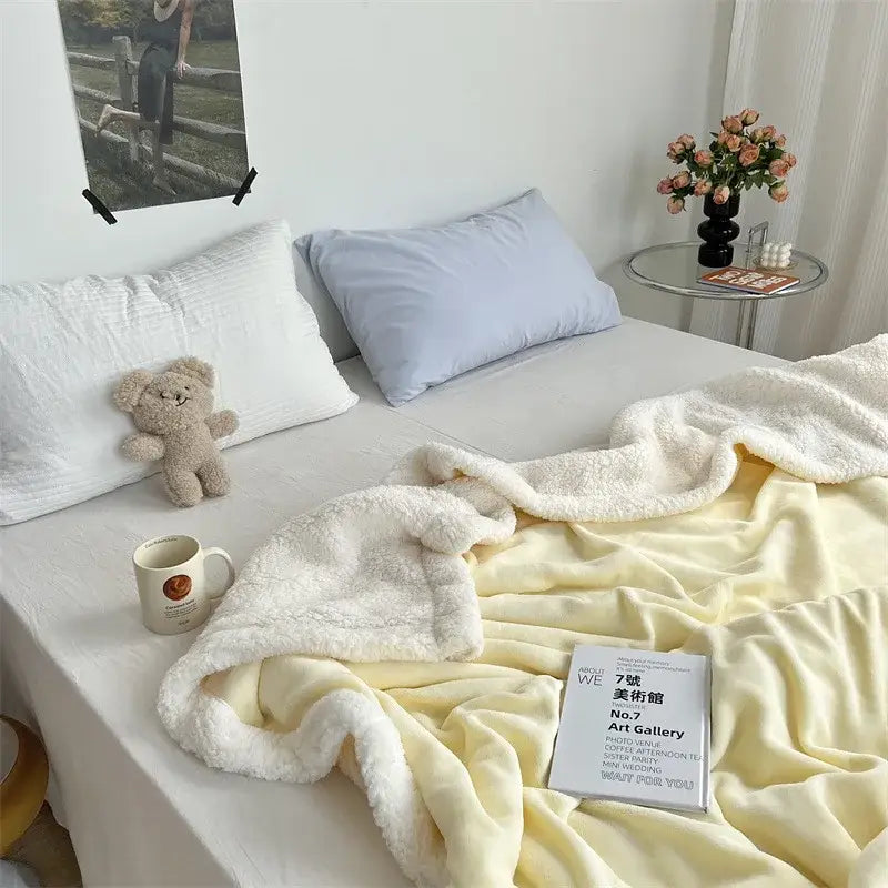 Soft cream-colored cozy lamb wool blanket with fluffy texture and gentle folds perfect for bedroom decorbites cozy lamb