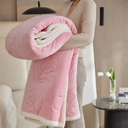 Pink floral-patterned fleece lamb wool sofa blanket with soft white lining by decorbites cozy for living room use
