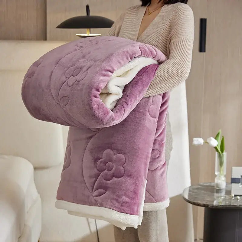 A cozy light blue floral lamb wool sofa blanket with plush lavender fleece and white sherpa lining by decorbites cozy
