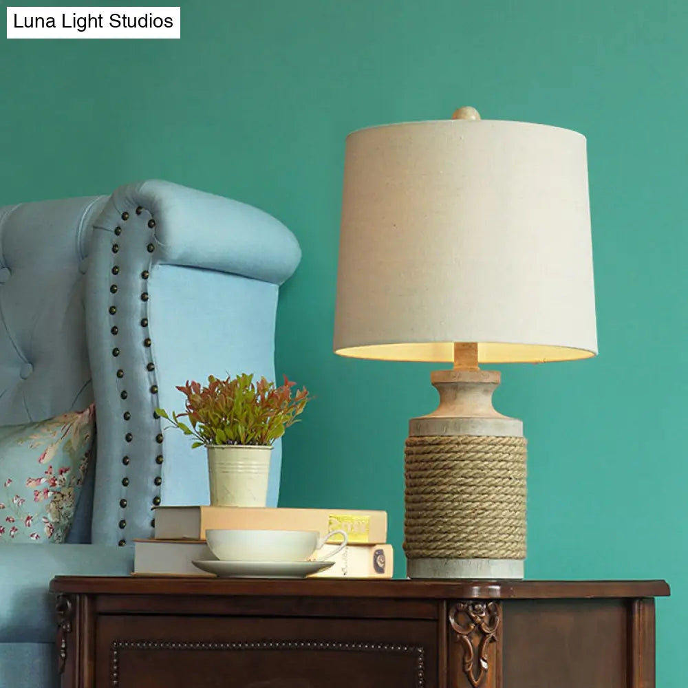 Cozy Lodge Fabric Table Lamp - Cylindrical Living Room Night Light with Roped Pot Base (White, 1 Head)