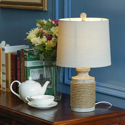 Cozy Lodge Fabric Table Lamp - Cylindrical Living Room Night Light with Roped Pot Base (White, 1 Head)