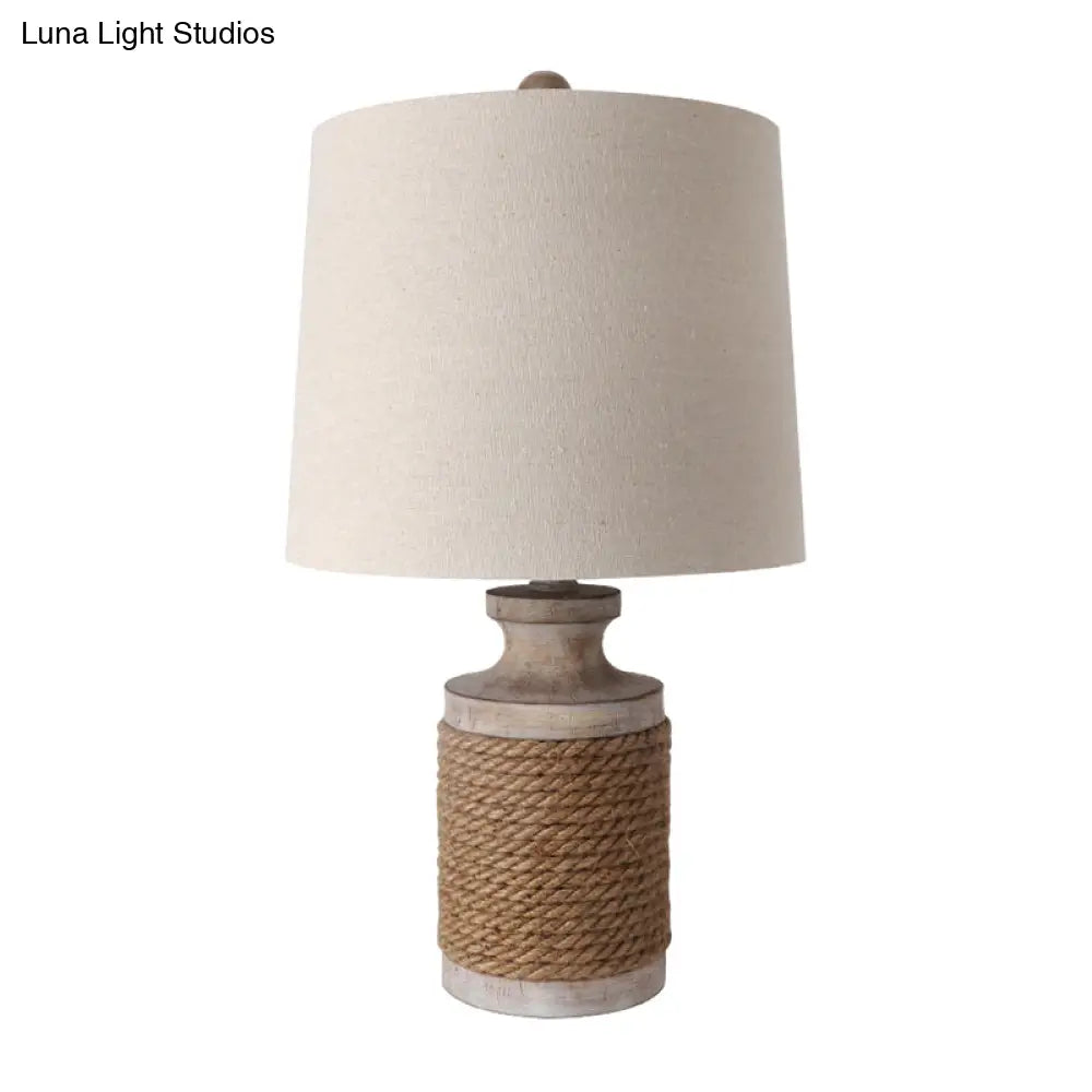 Cozy Lodge Fabric Table Lamp - Cylindrical Living Room Night Light with Roped Pot Base (White, 1 Head)