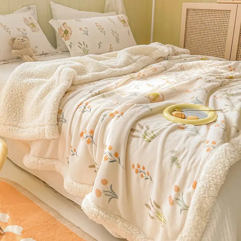 Cream-colored cozy milk velvet floral fleece blanket with soft plush texture and muted orange green decorbites cozy milk design