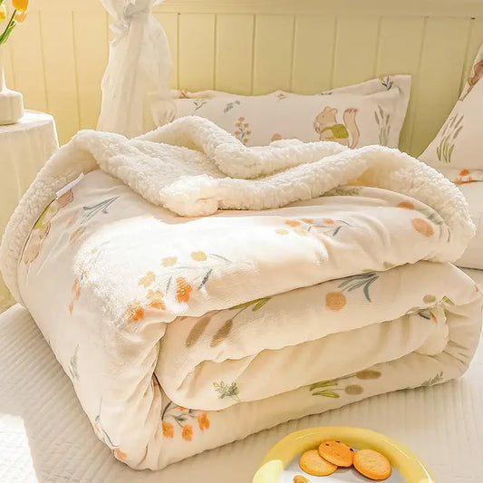 A cozy milk velvet floral fleece blanket in cream with plush texture and orange green patterns for bedroom decorbites cozy milk
