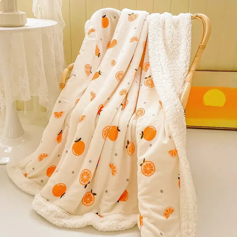 Cozy milk velvet cream fleece blanket with orange citrus pattern and white sherpa lining for bedroom decorbites cozy milk