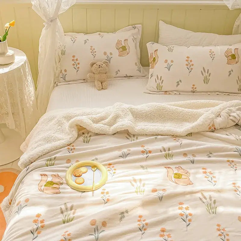 Cream-colored cozy milk velvet floral fleece blanket featuring soft squirrels and muted orange green patterns for bedding decorbites cozy milk