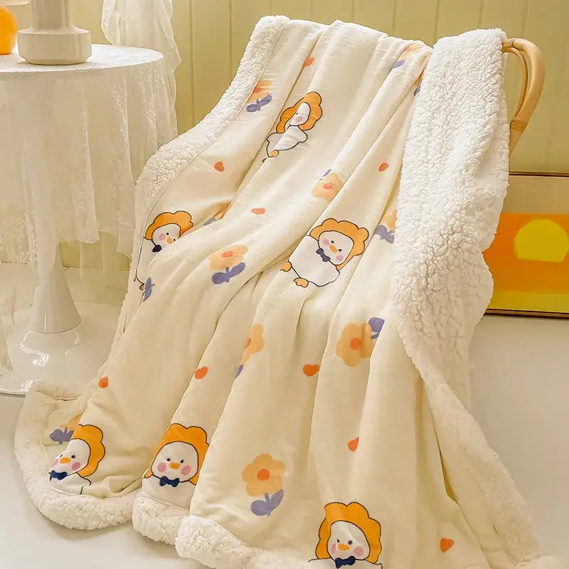 Cream-colored cozy milk velvet plush blanket with soft texture and milk velvet cartoon lion faces for bedroom decorbites cozy milk
