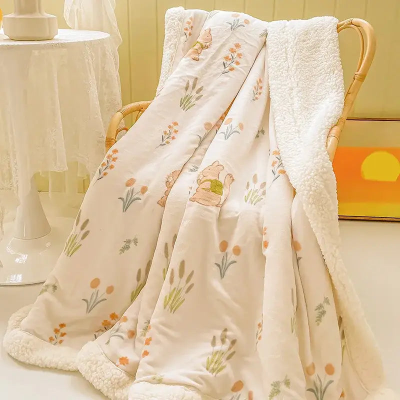A cozy milk velvet floral fleece blanket in cream with cartoon bear pattern and plush white sherpa lining for bedding decorbites cozy milk