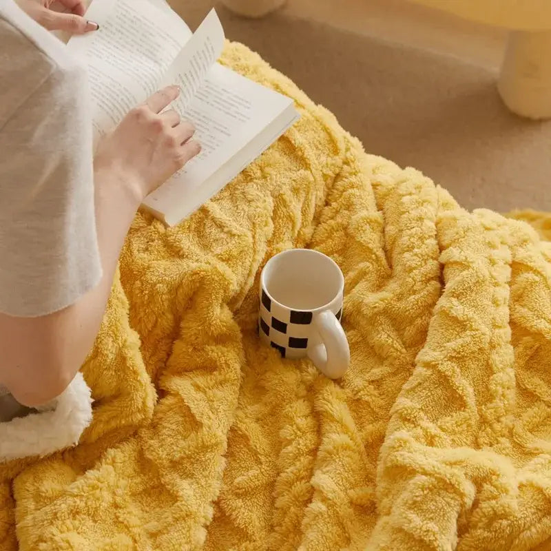Yellow textured plush coral fleece blanket with sherpa throw for cozy bedroom warmth and comfort