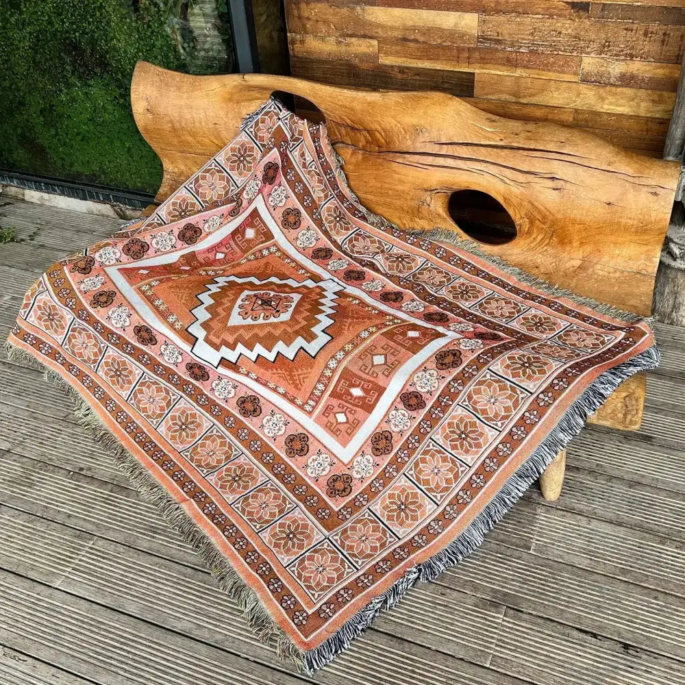 Cozy nordic camping blanket cream woven throw with peach brown geometric floral design and fringed edges for living room decorbites cozy nordic