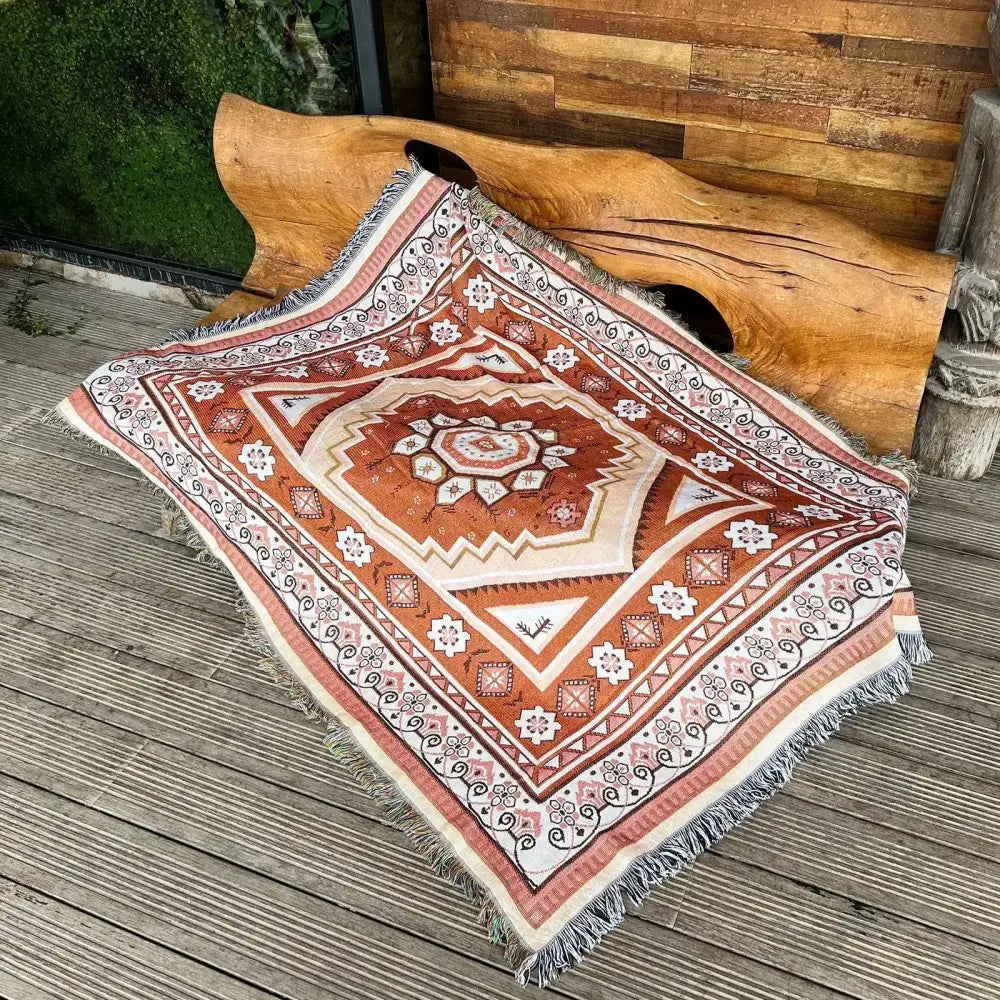 Cozy nordic camping cream woven throw blanket with terracotta geometric pattern and fringed edges for living room decorbites cozy nordic