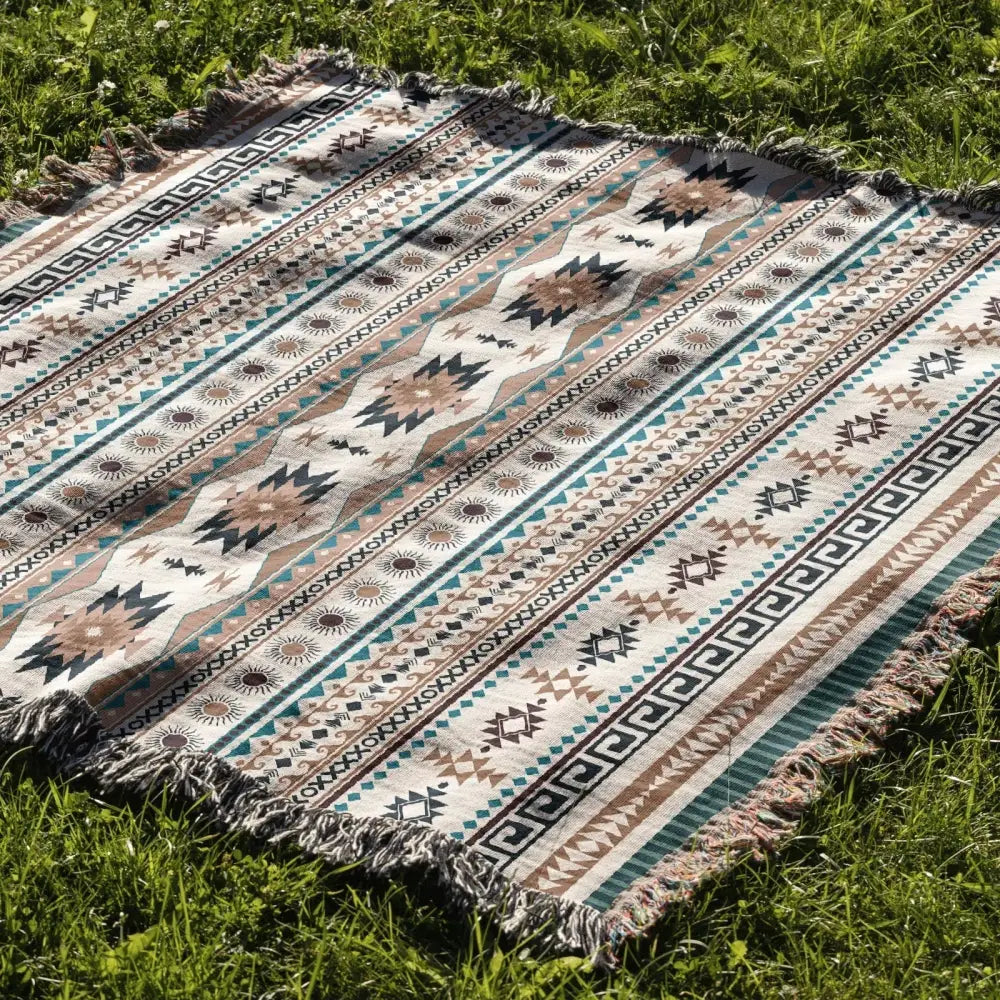 A cozy nordic camping woven throw blanket in cream with beige teal and black geometric pattern and fringed edges for decorbites cozy nordic