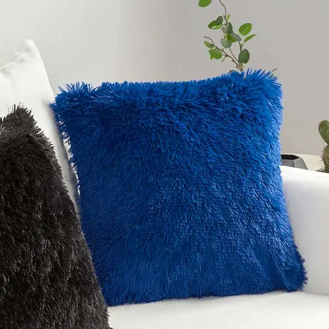 Vibrant royal blue cozy plush fur cushion cover with shaggy texture and frayed edges for decorbites cozy plush decor