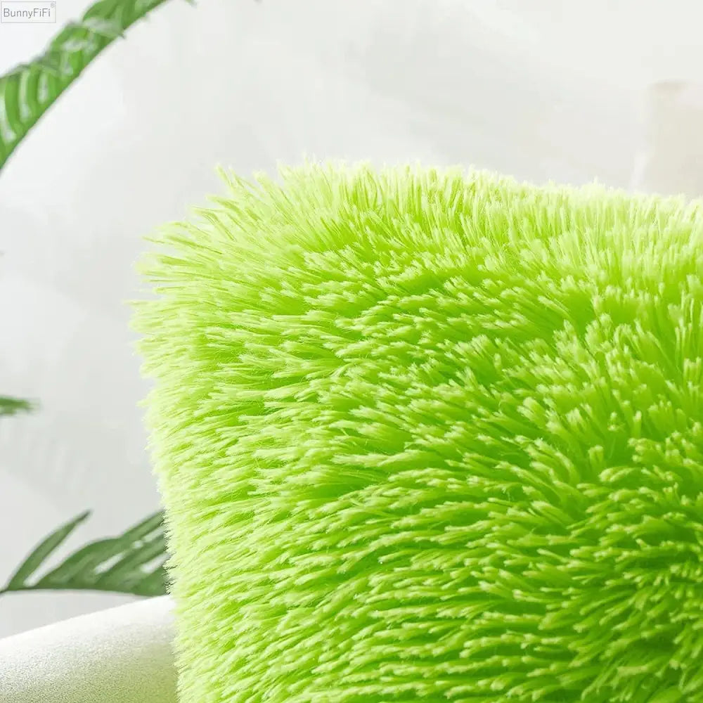 Vibrant lime green cozy plush fur cushion cover with dense fluffy texture for decorbites cozy plush living room decor