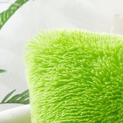 Vibrant lime green cozy plush fur cushion cover with dense fluffy texture for decorbites cozy plush living room decor