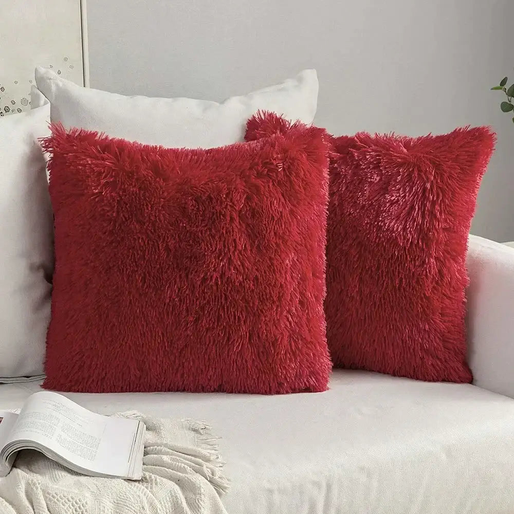 Vibrant red plush faux fur cushion cover with soft shaggy texture for decorbites cozy plush fur living room decor