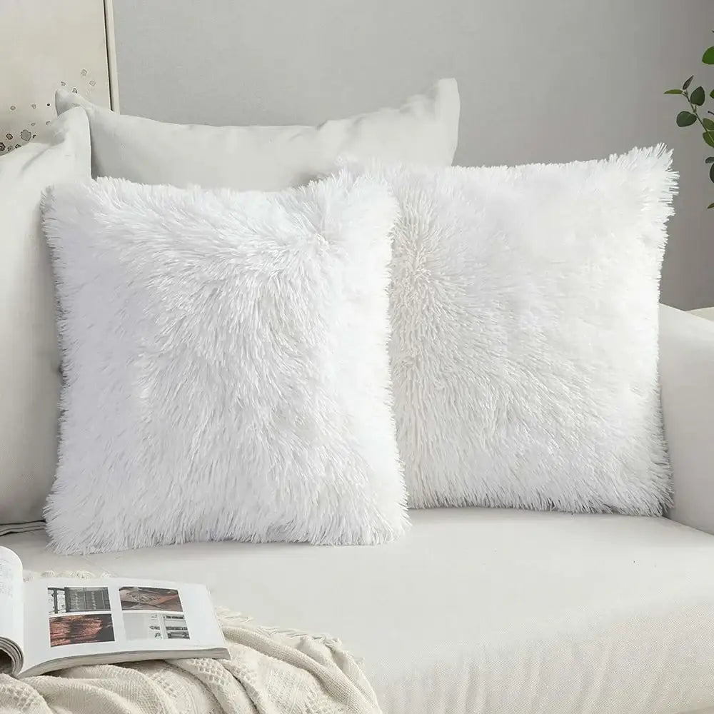 White and grey cozy plush fur cushion cover with soft shaggy texture for decorbites cozy plush living room decor