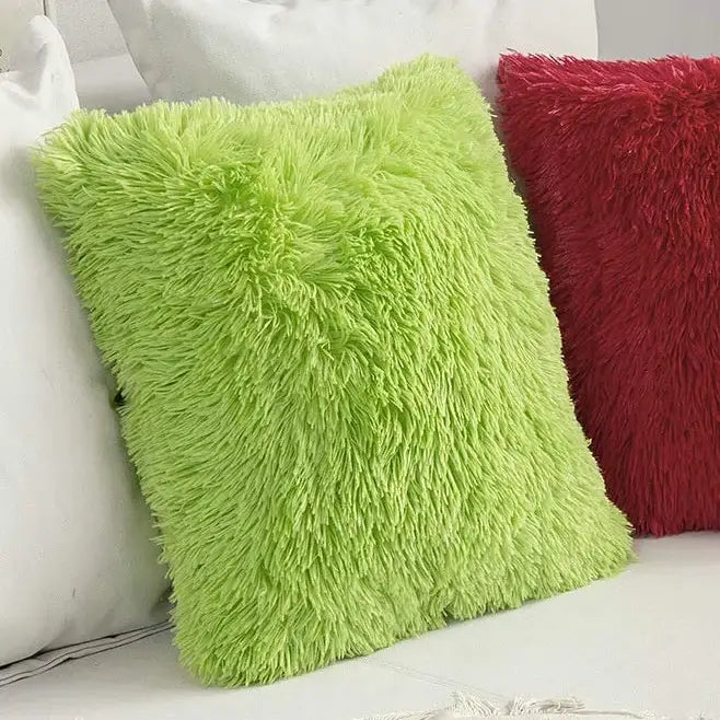 Vibrant lime green faux fur throw pillow with plush shaggy texture complementing decorbites cozy plush cushion cover