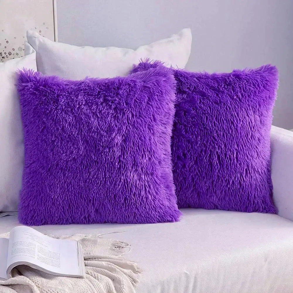 Two vibrant purple cozy plush fur cushion covers with soft shaggy texture for living room decorbites cozy plush use
