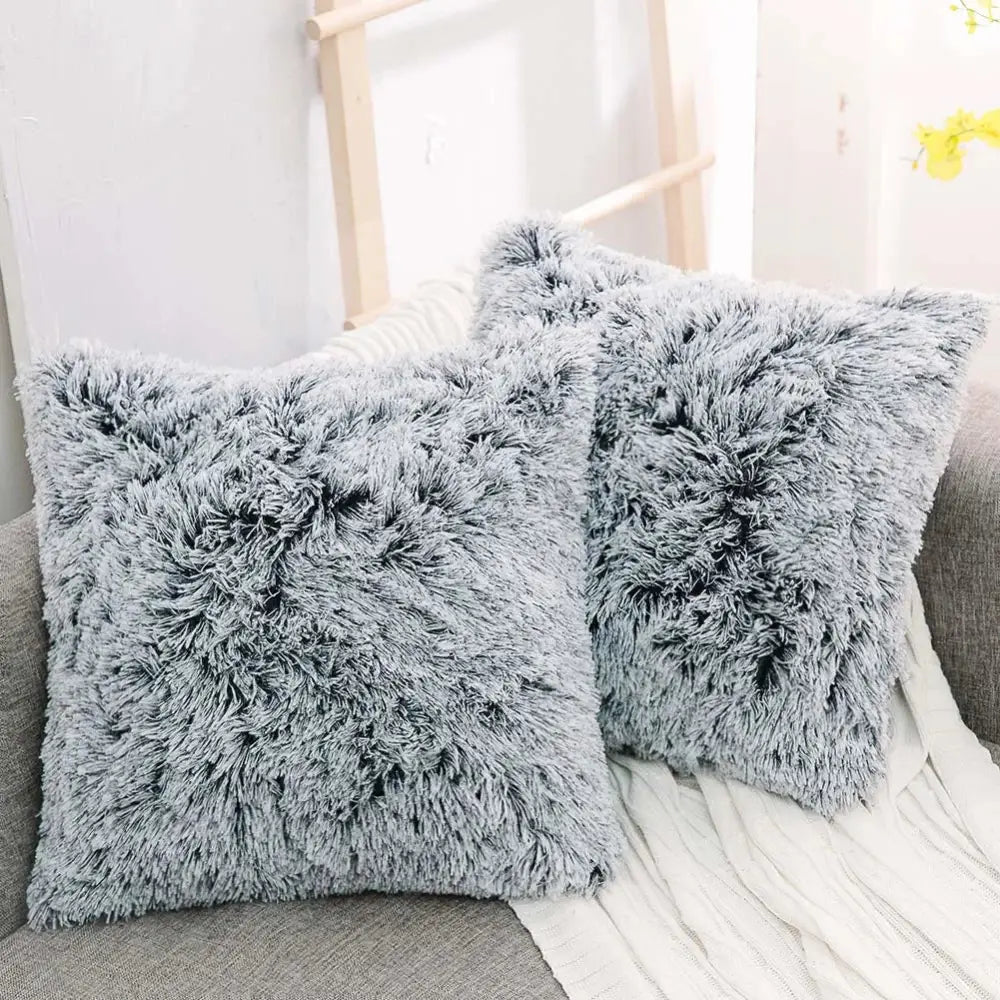 Two light gray cozy plush fur cushion covers with soft shaggy texture ideal for white and grey living room decorbites decor