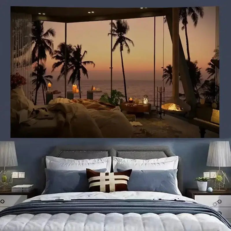 The cozy retro cottage wall tapestry features a tufted gray headboard bed with white quilted bedding and blue decorbites cozy retro pillows