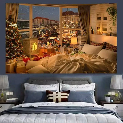 Cozy retro cottage wall tapestry with blue and white decor featuring a cozy bed with plush white quilted bedding and gray headboard