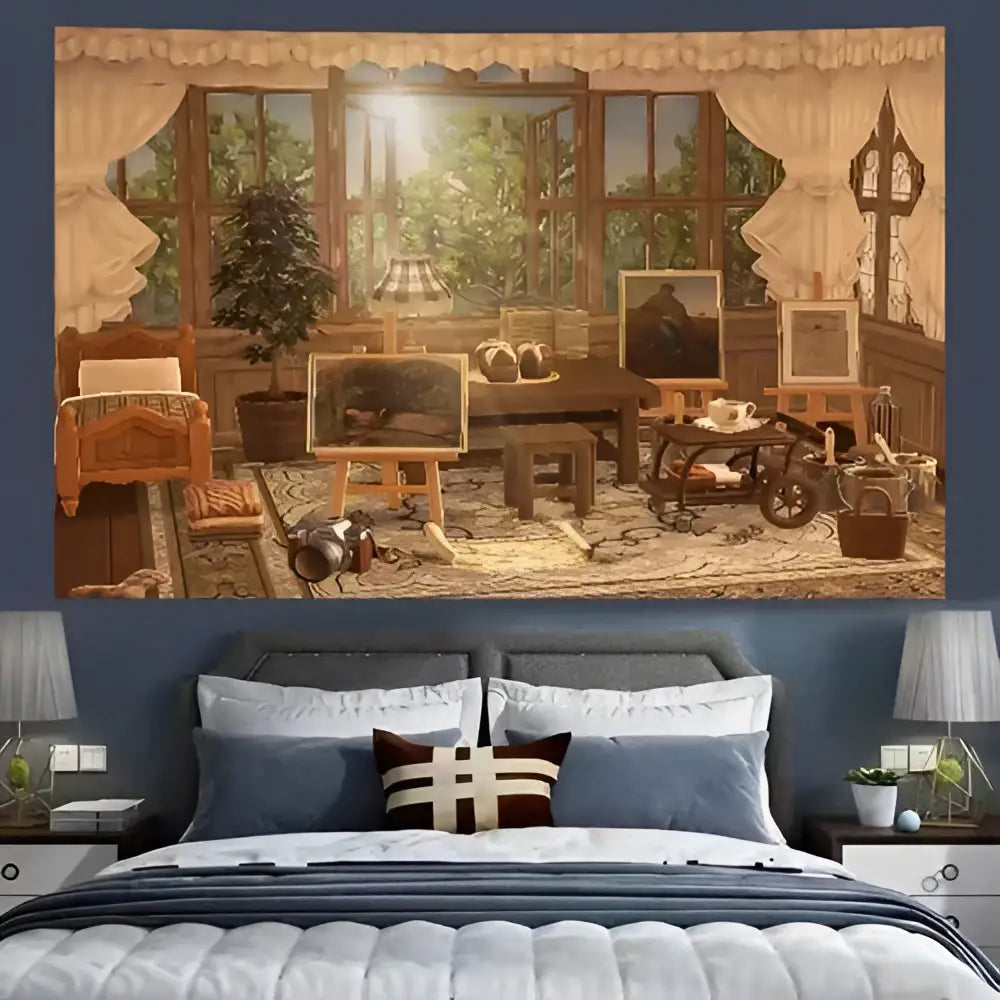 Cozy retro cottage blue and white wall tapestry featuring a sunlit artist studio with wooden furniture and easels decorbites cozy retro