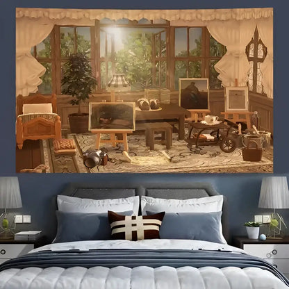 Cozy retro cottage blue and white wall tapestry featuring a sunlit artist studio with wooden furniture and easels decorbites cozy retro