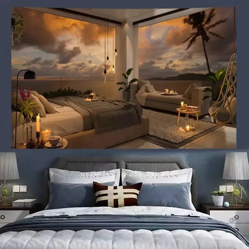 Cozy retro cottage blue and white retro cottage wall tapestry in a modern bedroom with tropical decorbites cozy retro style