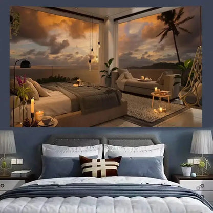 Cozy retro cottage blue and white retro cottage wall tapestry in a modern bedroom with tropical decorbites cozy retro style